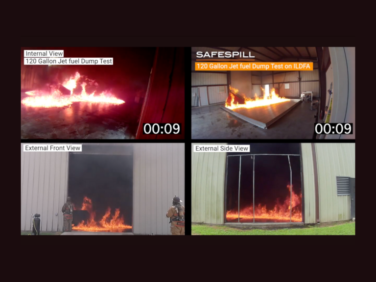 Four camera angles of jet fuel fire being extinguished with Safespill