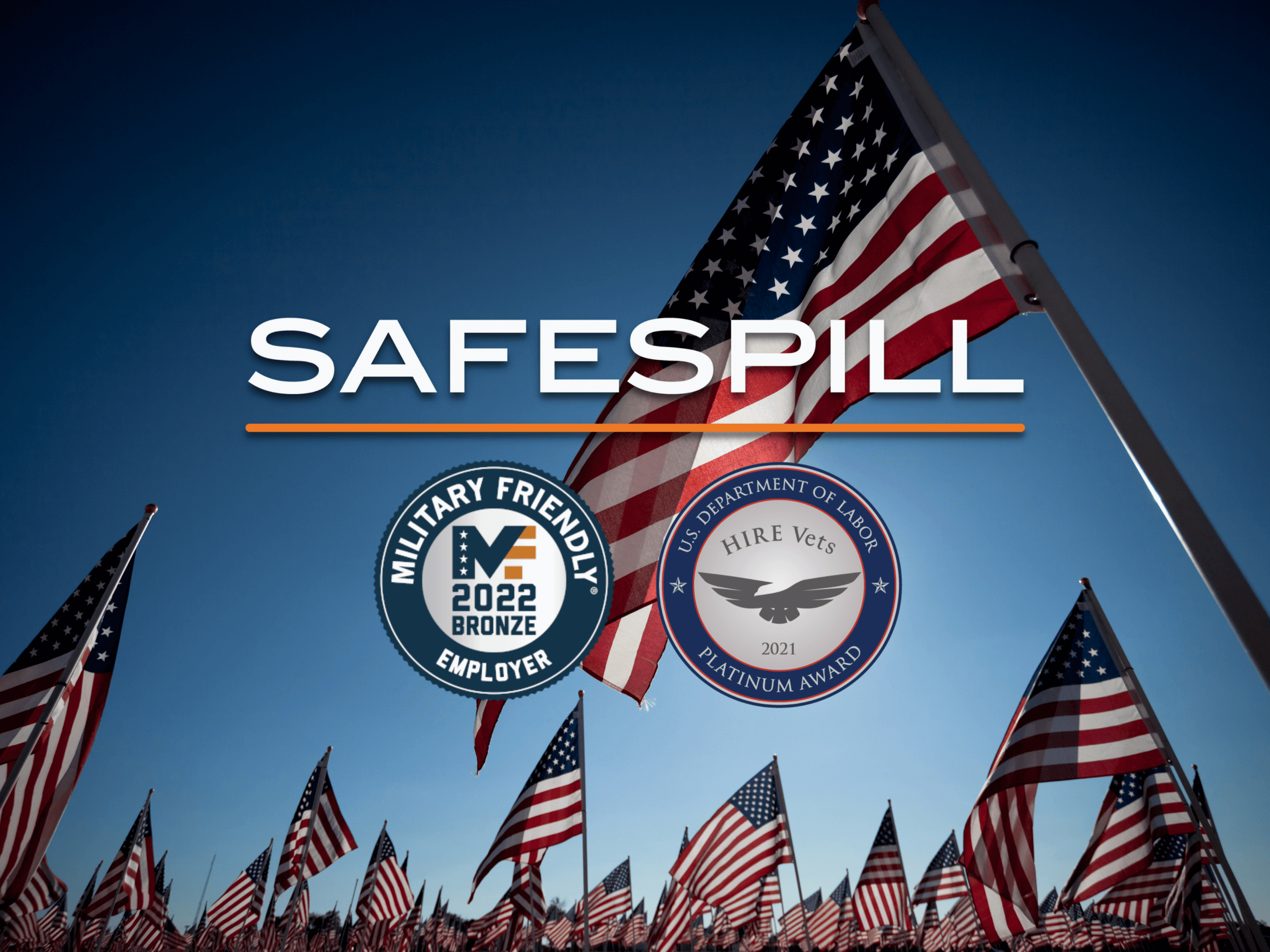 Safespill awards and flags under a clear sky, highlighting military support and employer recognition.