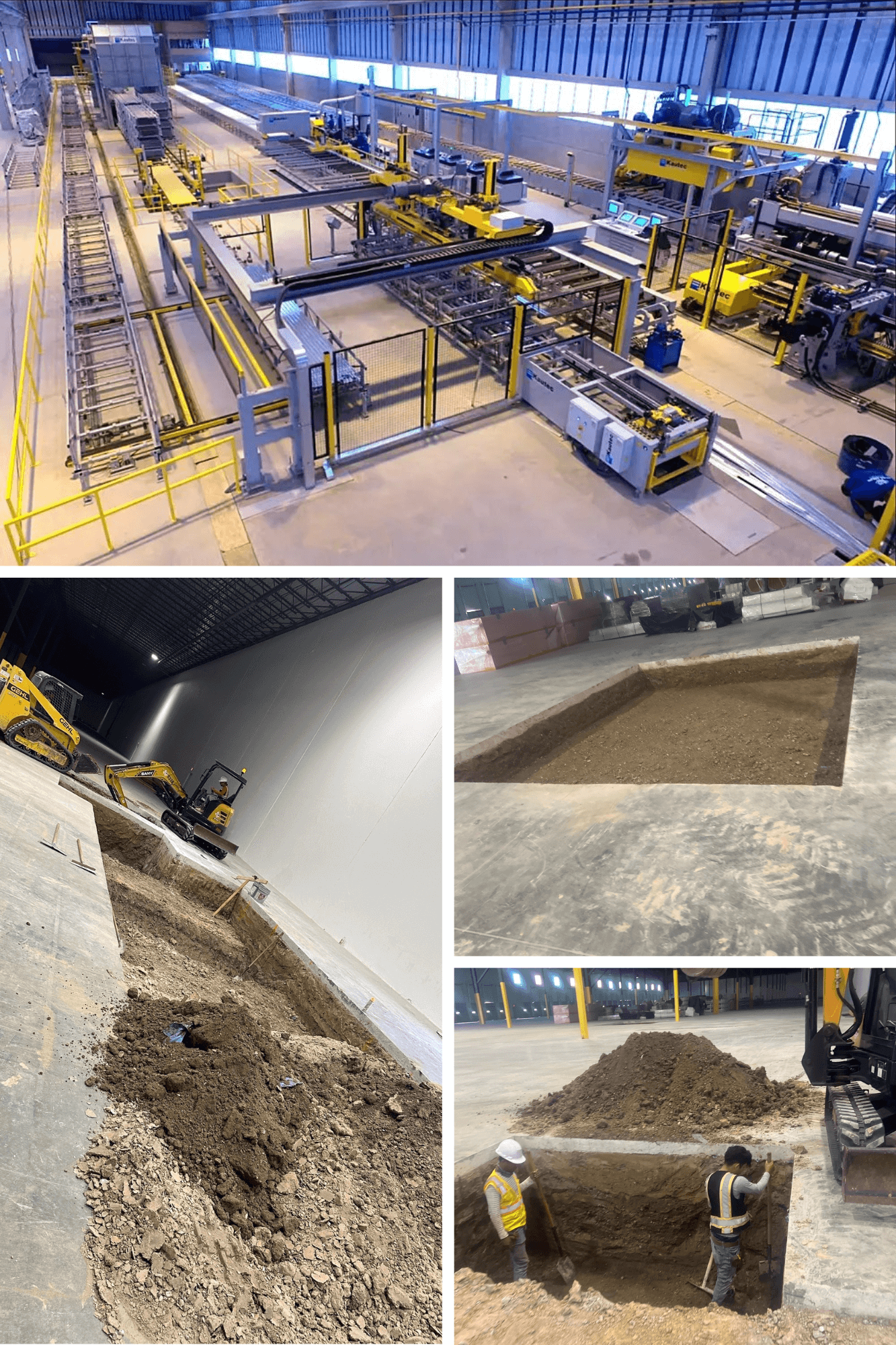 Manufacturing setup with machinery and construction work featuring excavation and workers in a large industrial space.