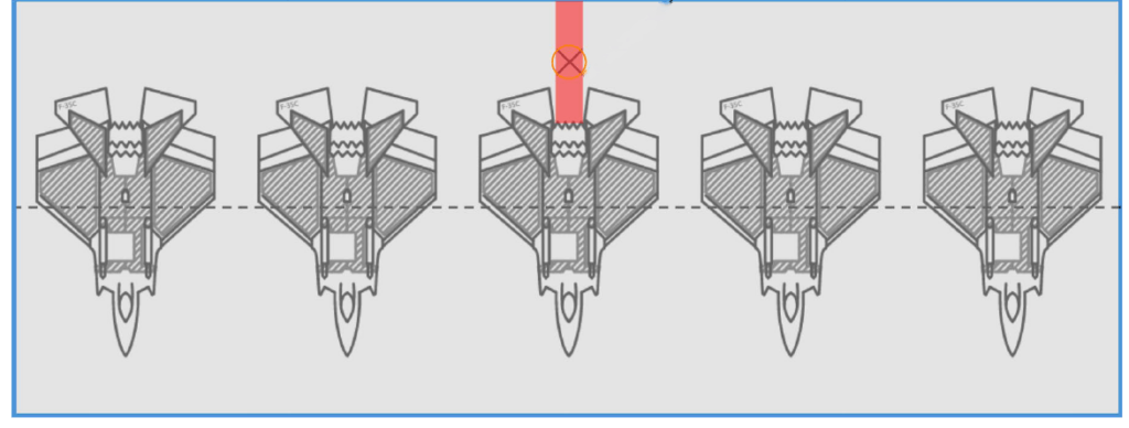 Five fighter jets aligned horizontally, one highlighted with a red cross above it.