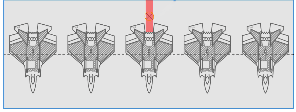 Five fighter jets aligned horizontally, one highlighted with a red cross above it.