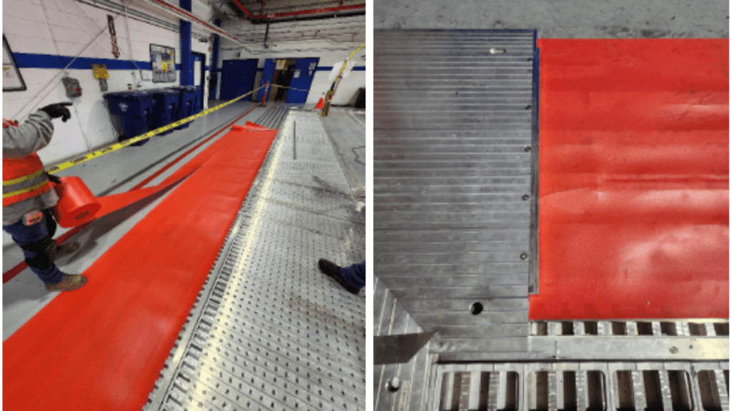 Worker unrolls red floor mat in industrial setting; close-up shows mat beside metal surface.