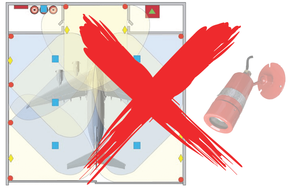 Large red X over aircraft schematic, fire suppression nozzle on right.