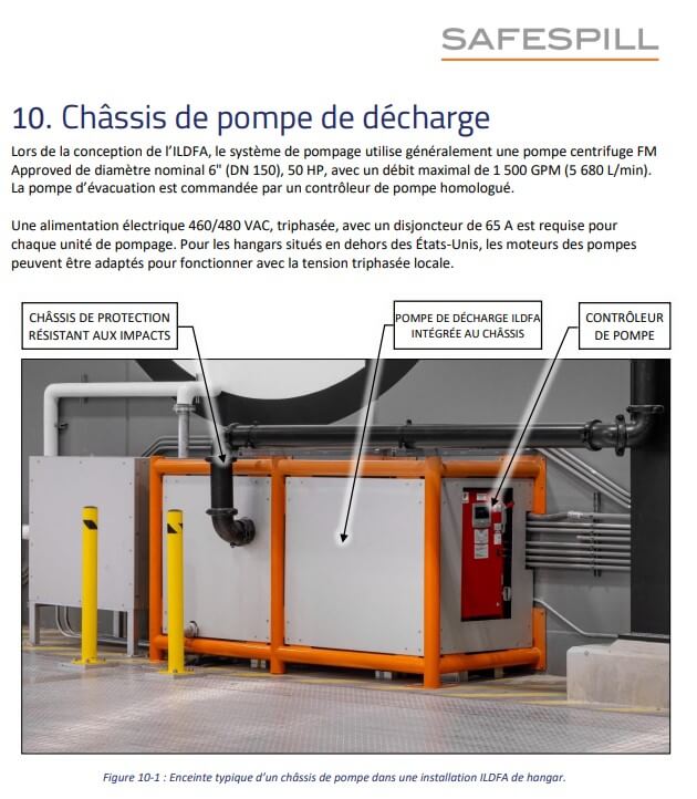 Pump system chassis with protective frame, discharge pump, and control unit in an industrial setting.