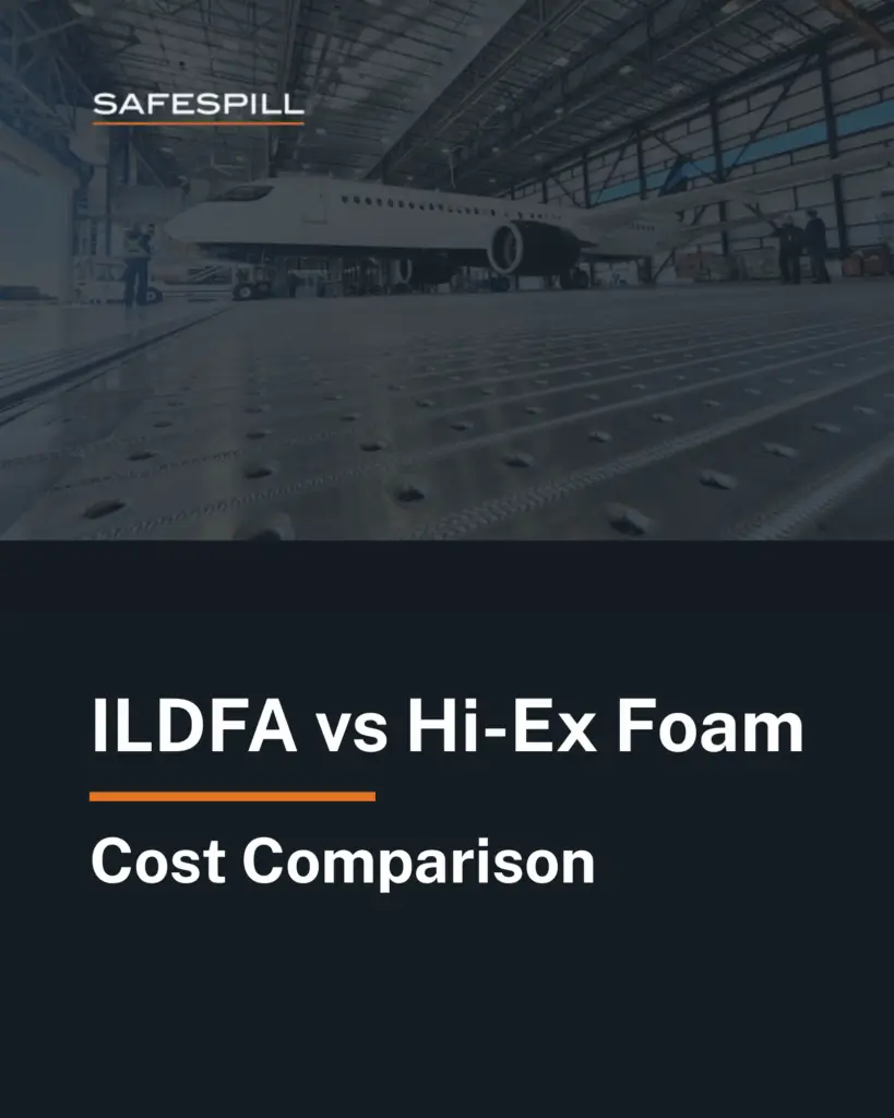 Aircraft inside hangar with text: "ILDFA vs Hi-Ex Foam Cost Comparison" on the foreground.