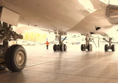 Plane on ground, viewed from under the fuselage, showing landing gear with a worker nearby in a hanger.