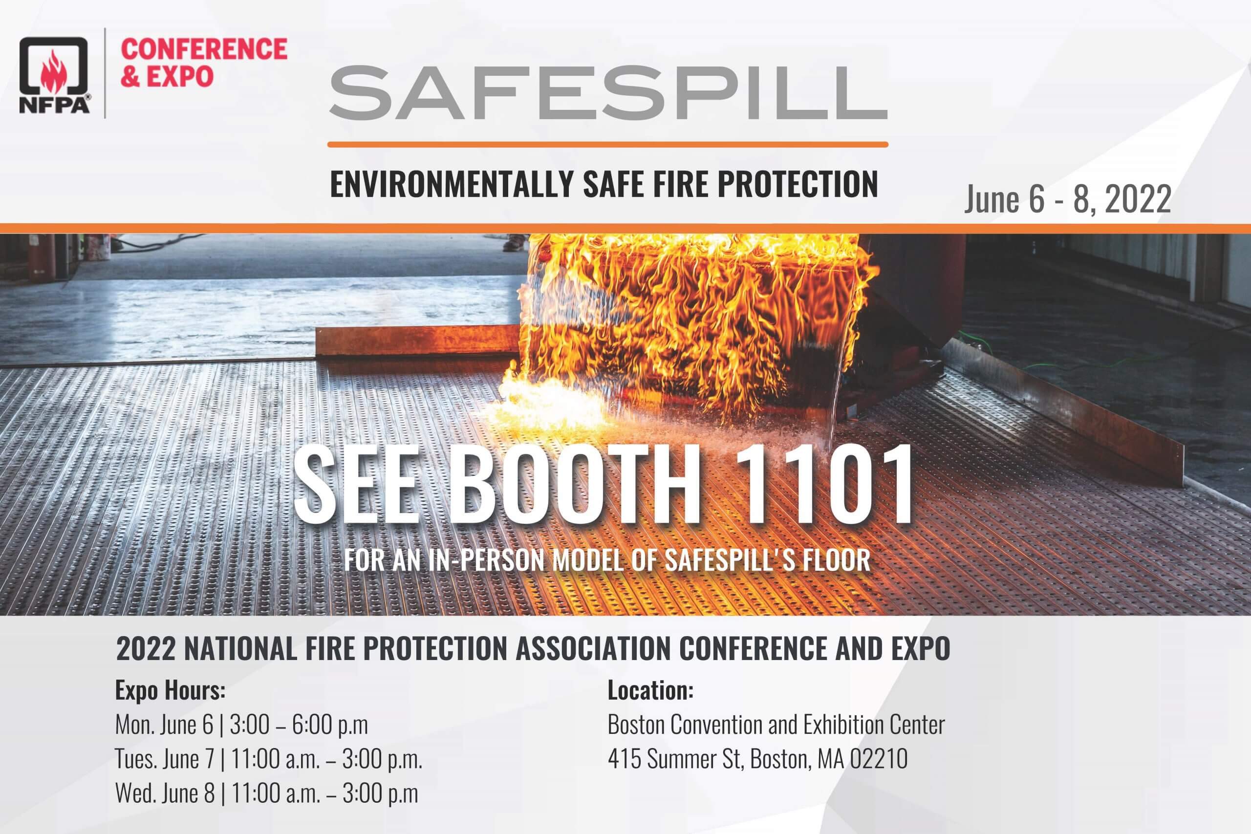 Flames burning atop a metal floor, promoting Safespill's booth at a fire protection expo.