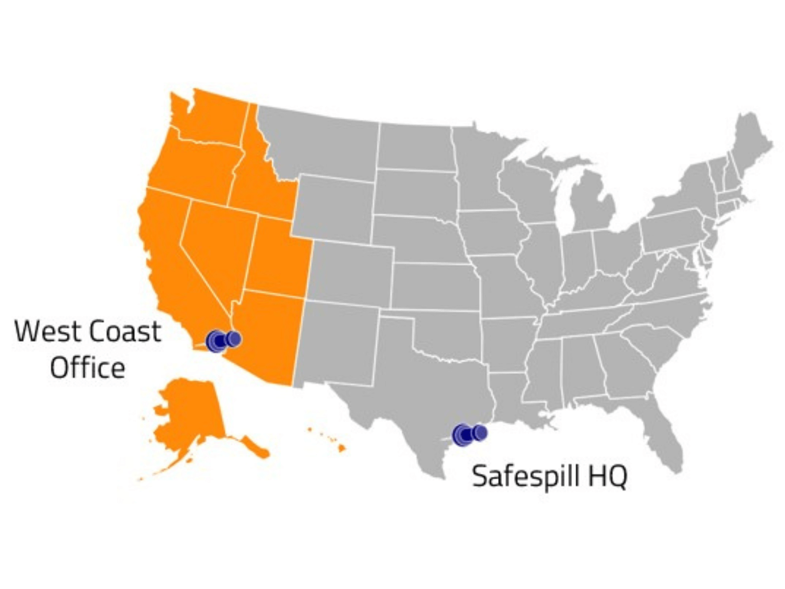 U.S. map highlighting Safespill HQ in Texas and West Coast office locations.