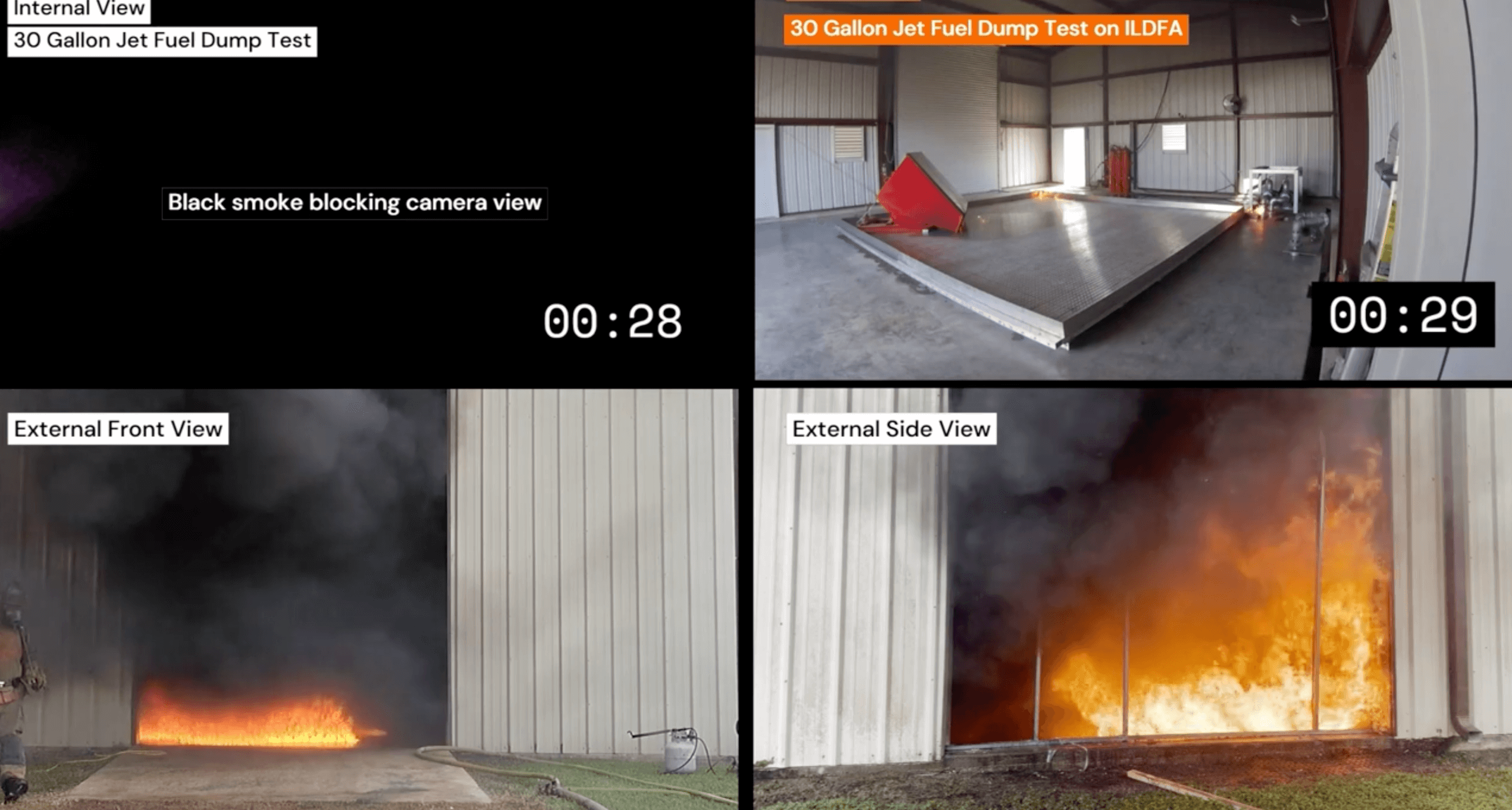 Jet fuel dump test with fire and smoke in various views: internal, front, and side, timed at 28 and 29 seconds.