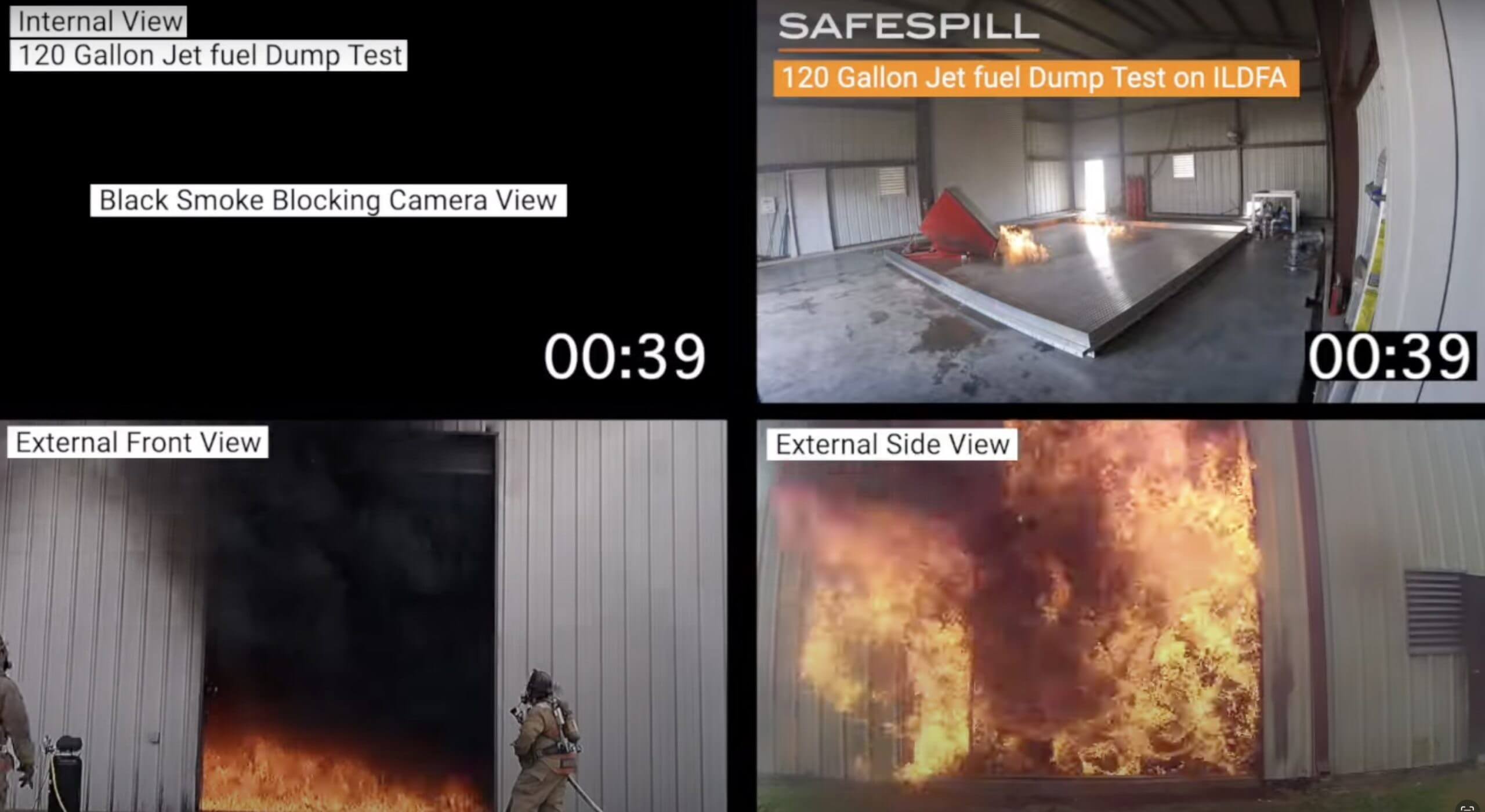 Four views of a 120-gallon jet fuel dump test show interior flames and exterior firefighters with rising smoke.