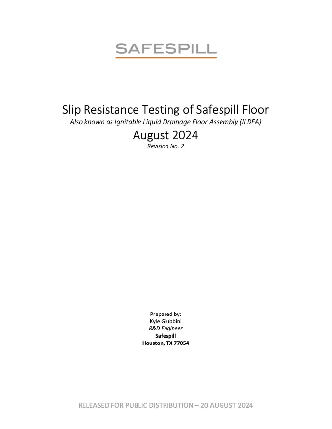 Slip resistance testing document cover for Safespill Floor, August 2024, prepared by R&D Engineer, Kyle Giubbini.