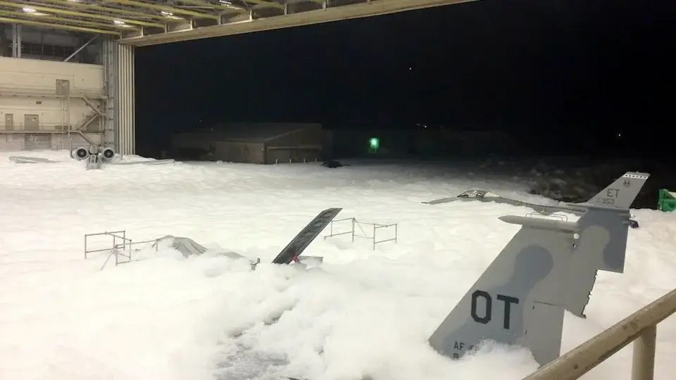 Accidental discharge of a foam based fire suppression system in an aircraft hangar