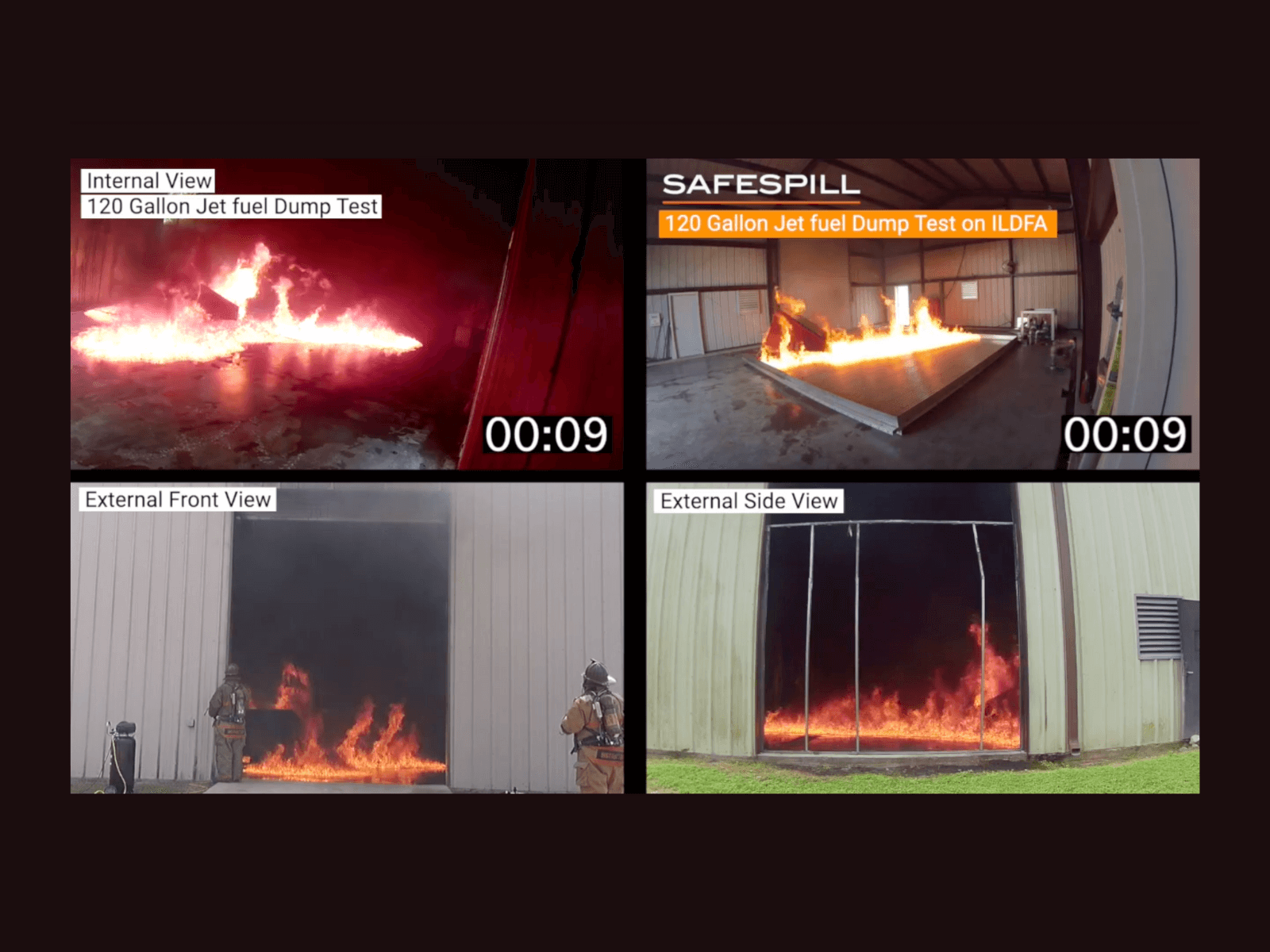 Fire test of 120-gallon jet fuel dump inside a building, viewed from different angles at 9 seconds.