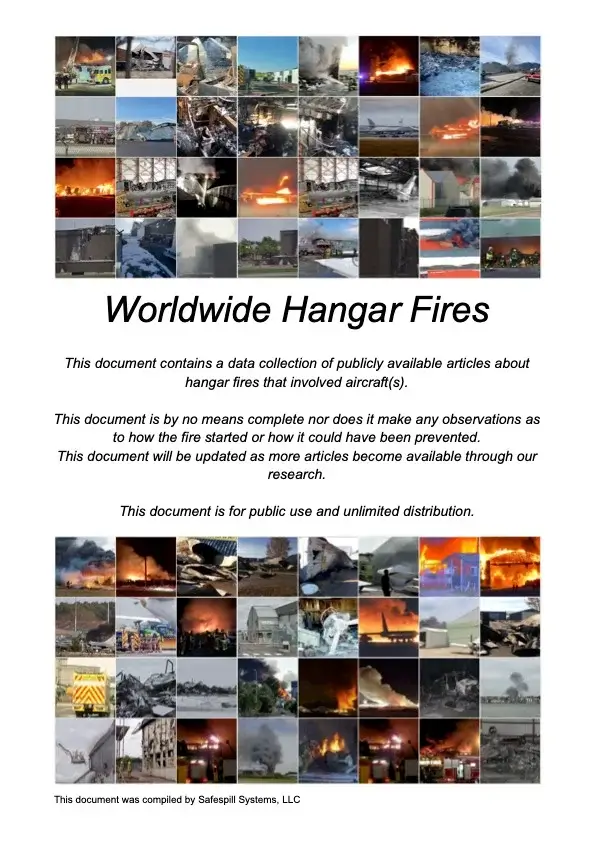Collage of hangar fires with text detailing a data collection on global incidents involving aircraft.