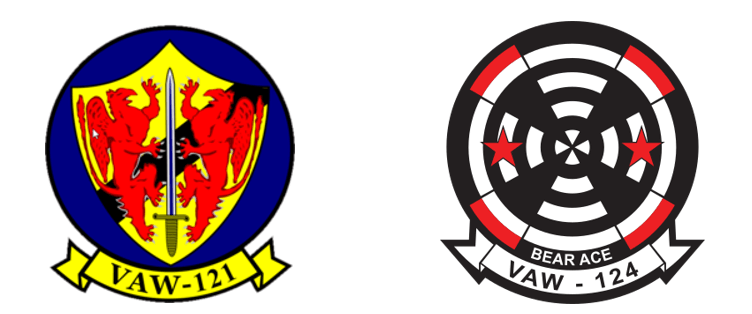 Two military squadron logos: left features a shield with red gryphons; right shows a target design with stars.