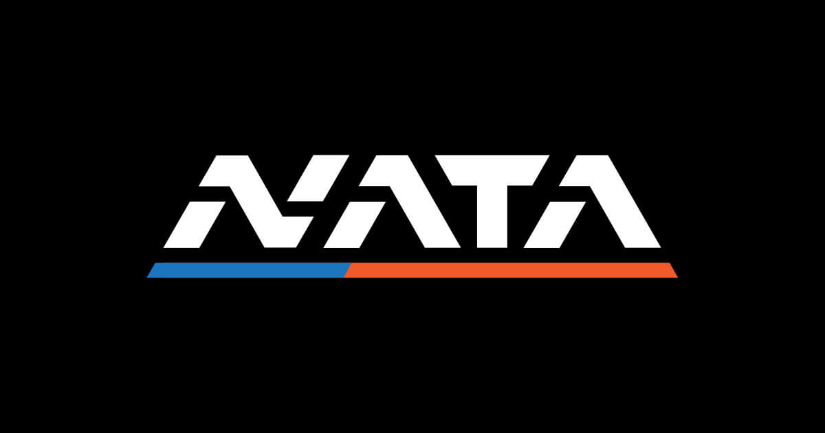 NATA logo in white with blue and orange underline on a black background.