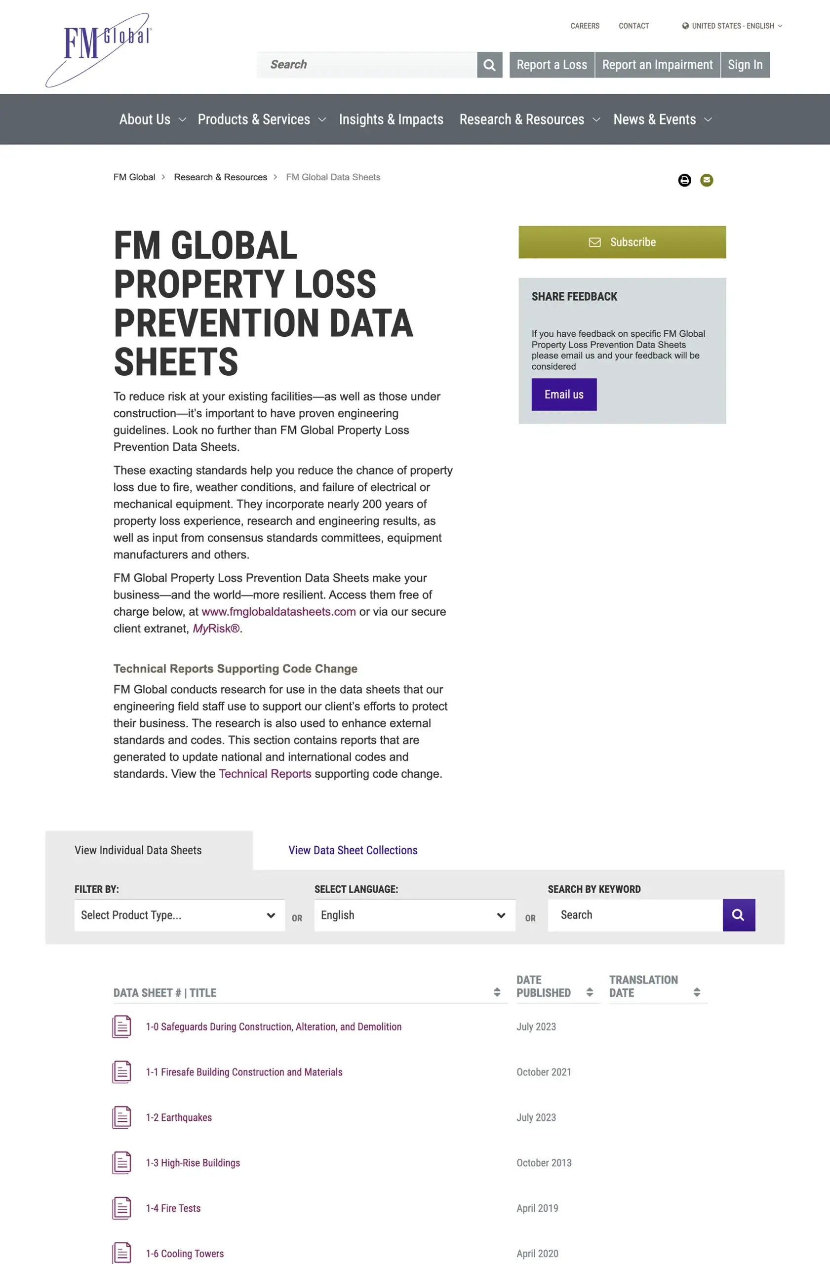 FM Global webpage providing property loss prevention data sheets with search and filter options.