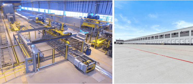Industrial machinery in a warehouse and exterior view of a large white building under a clear blue sky.