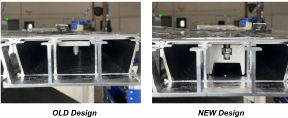 Comparison of old and new Safespill design features, showing structural improvements in metal construction.