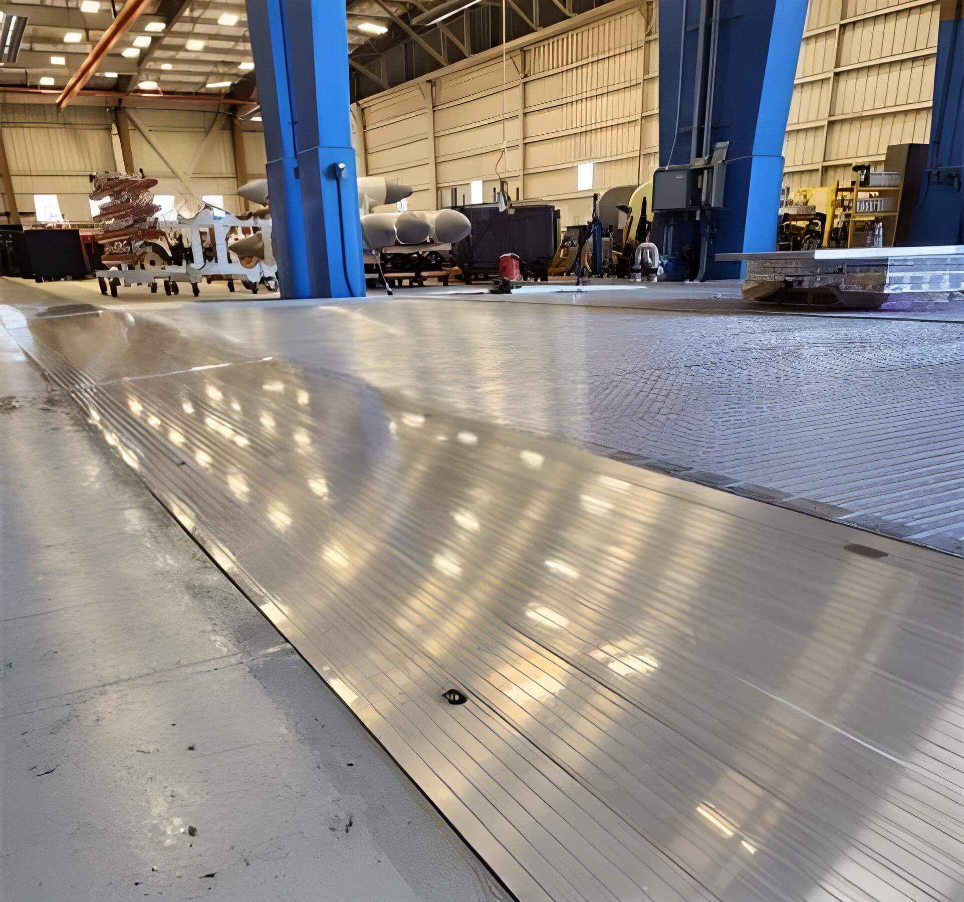 Shiny, metallic flooring in an industrial warehouse with equipment and machinery in the background.