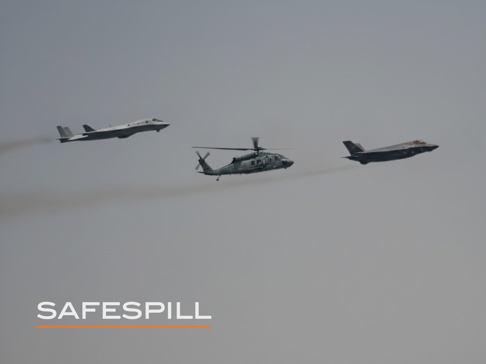 Three aircraft flying over Safespill logo