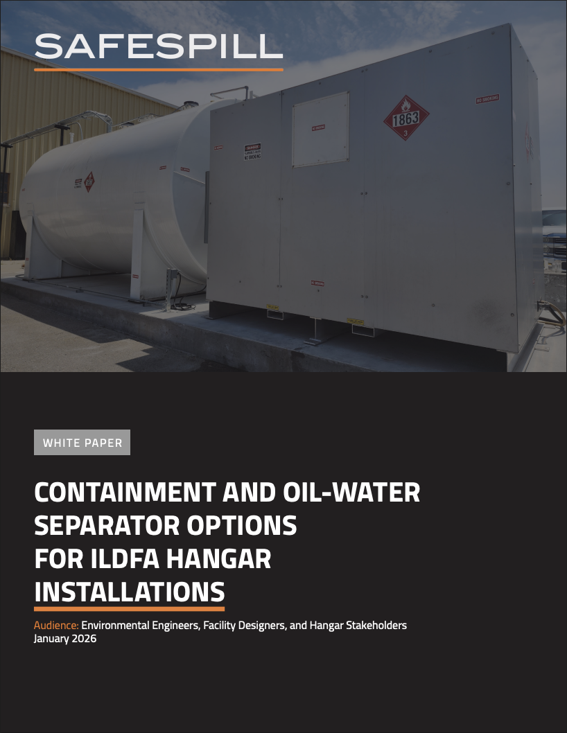 Large industrial tanks beside a building with text discussing oil-water separator options for hangar installations.
