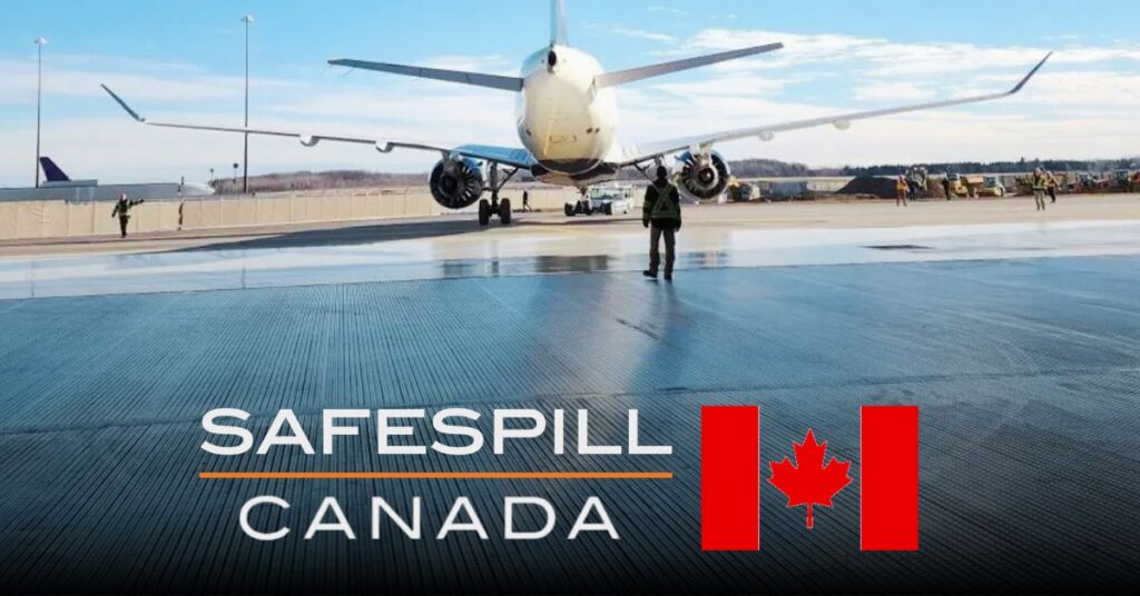 Safespill Canada logo with a Canadian flag next to it in front of a plane leaving a hangar containing ILDFA flooring.