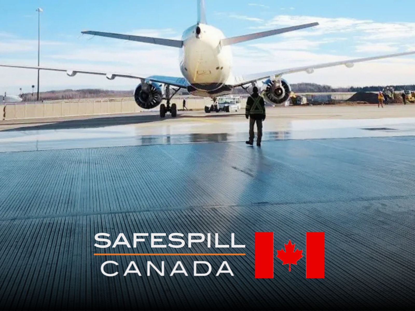 Image of Safespill Canda logo and Canadian flag in front of a plane leaving a hangar with ILDFA flooring.